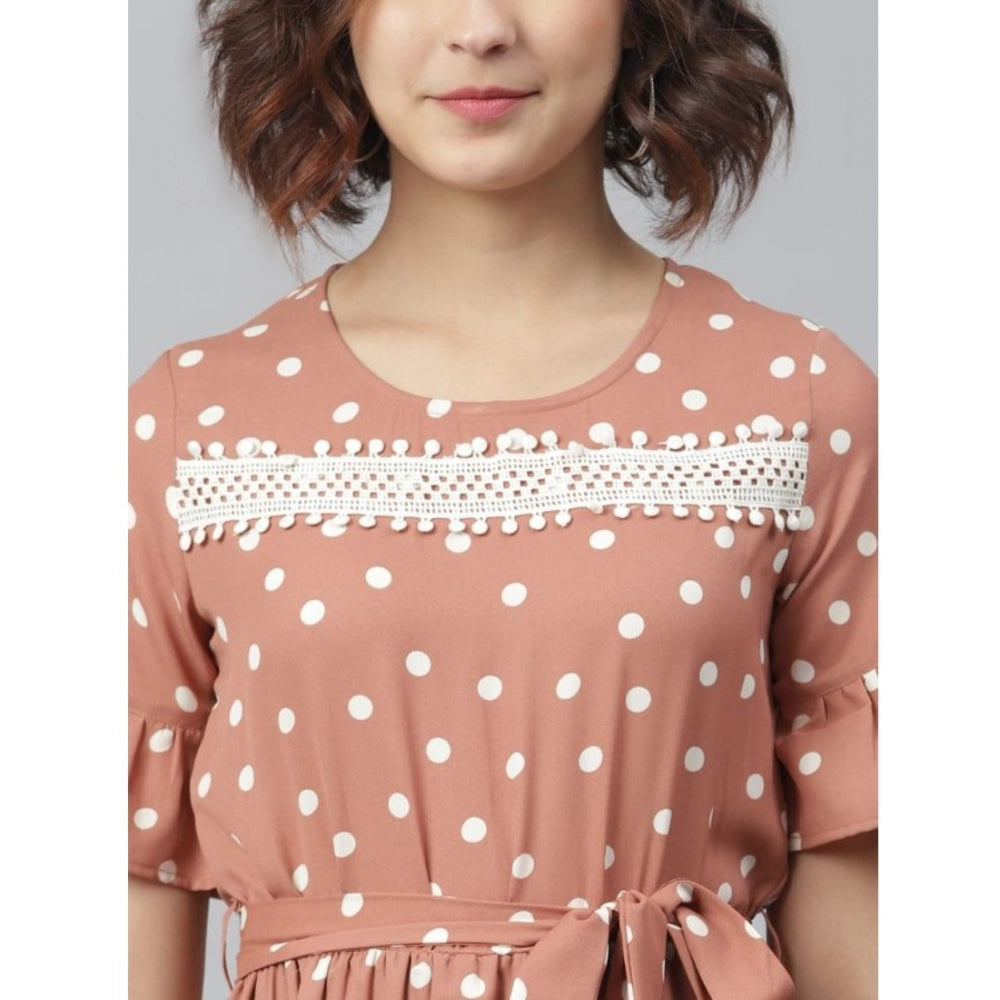 Generic Women's Polyester Polka Bell Sleeve Above Knee Dress (Brown)