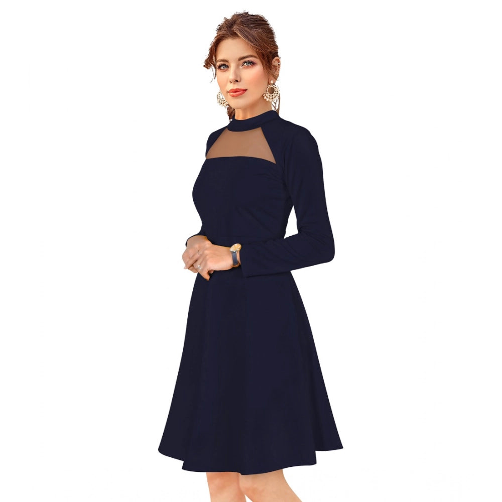 Generic Women's Knitting stretchable Solid Round Neck Full Sleeve Dress (Blue)