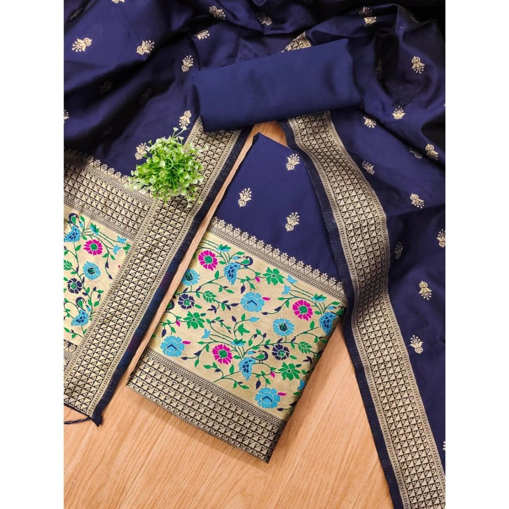 Generic Women's Banarasi Silk Printed Unstitched Salwar Suit Material With Dupatta (Navy Blue, 3Mtrs)