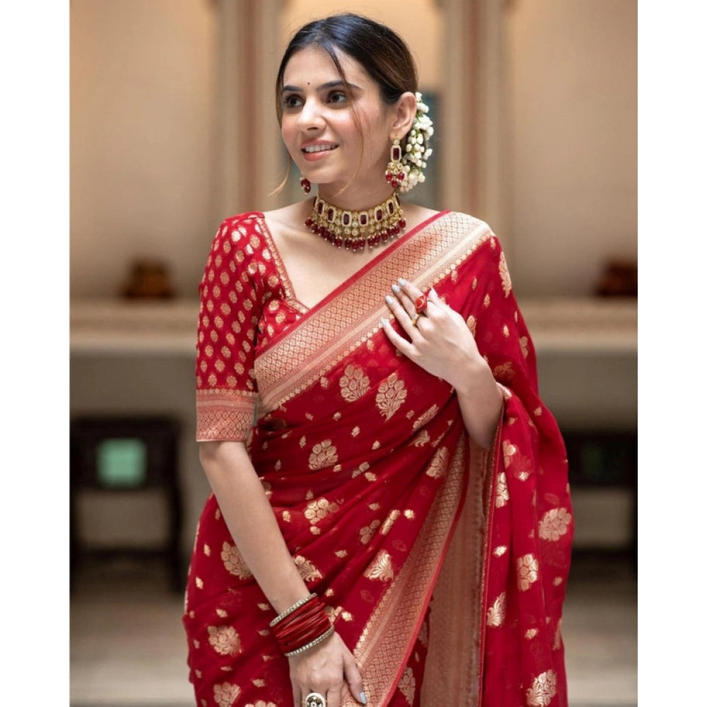 Generic Women's Soft Lichi Silk Printed Saree With Unstitched Blouse 5.5Mtr (Red)