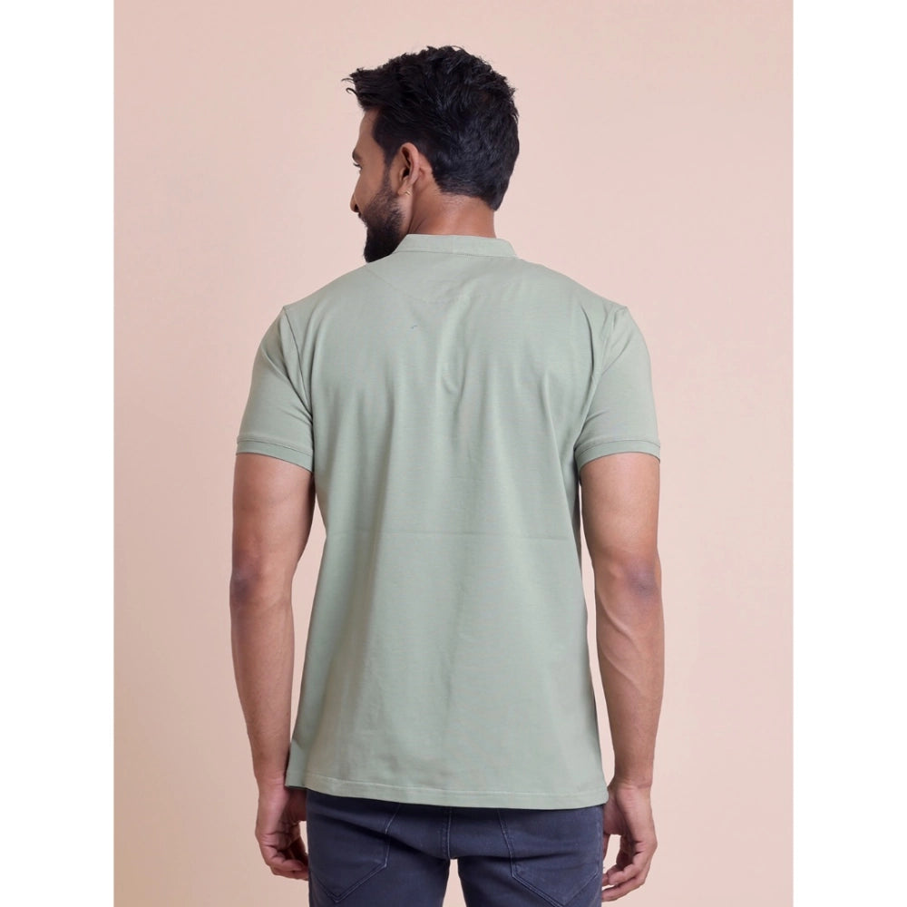 Generic Men's Casual Cotton Solid Half Sleeve Mandarin Collar T-Shirt (Newsage)