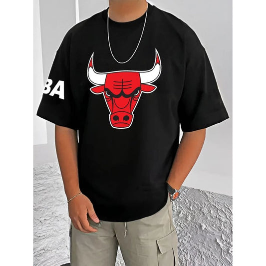 Generic Men's Casual Cotton Blend Printed Round Neck Half Sleeve T-Shirt (Black)