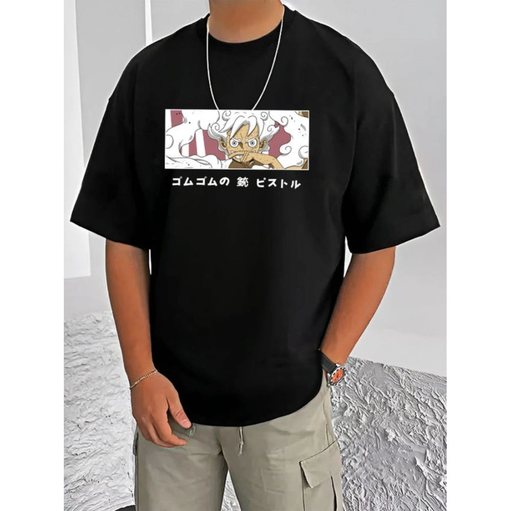 Generic Men's Casual Cotton Blend Printed Round Neck Half Sleeve T-Shirt (Black)