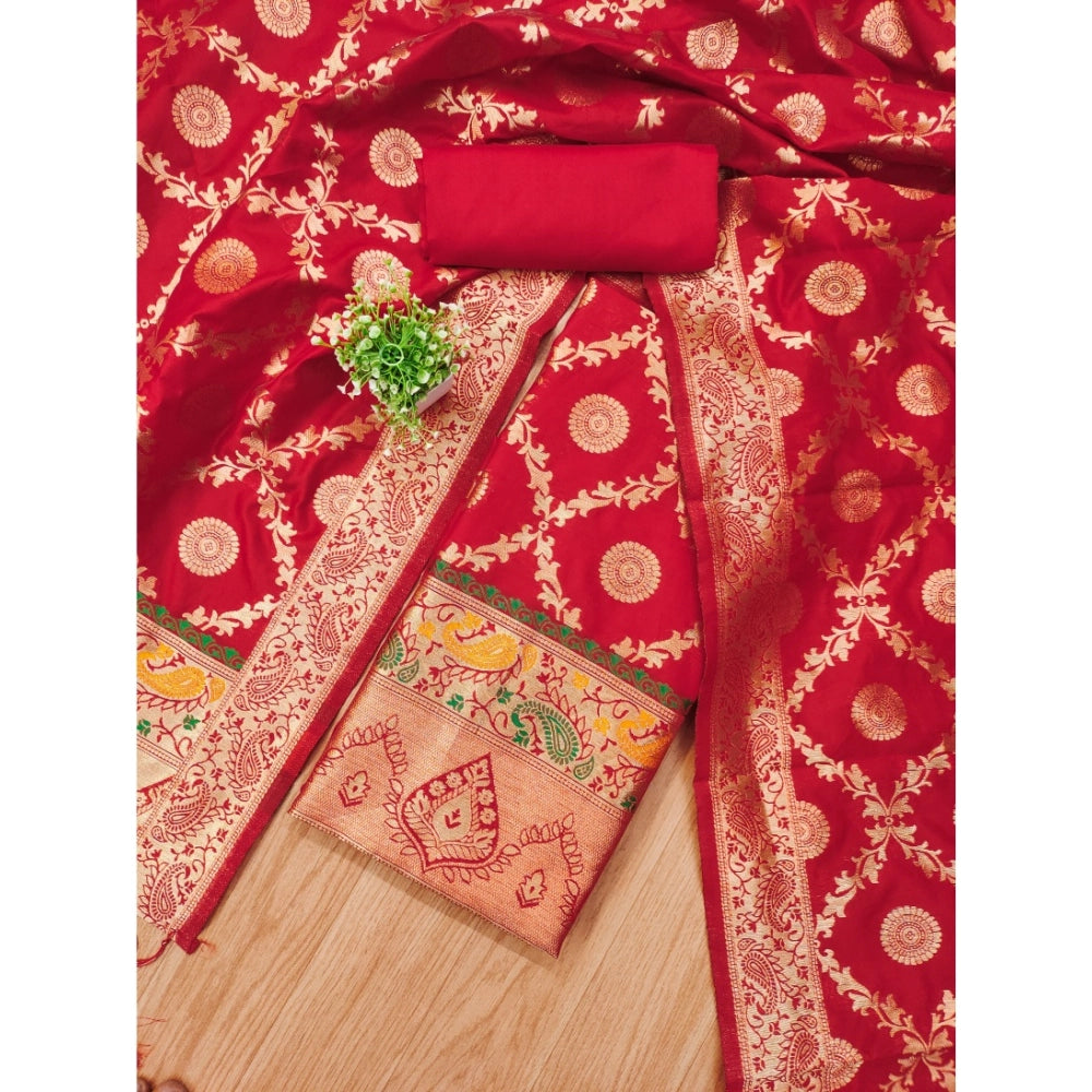 Generic Women's Banarasi Silk Printed Unstitched Salwar Suit Material With Dupatta (Red, 3Mtrs)