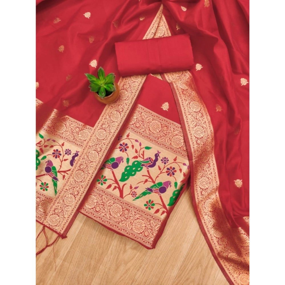 Generic Women's Banarasi Silk Printed Unstitched Salwar Suit Material With Dupatta (Red, 3Mtrs)