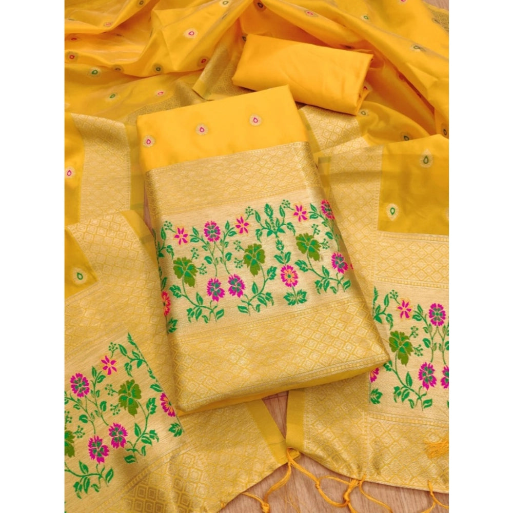 Generic Women's Banarasi Silk Printed Unstitched Salwar Suit Material With Dupatta (Yellow, 3Mtrs)