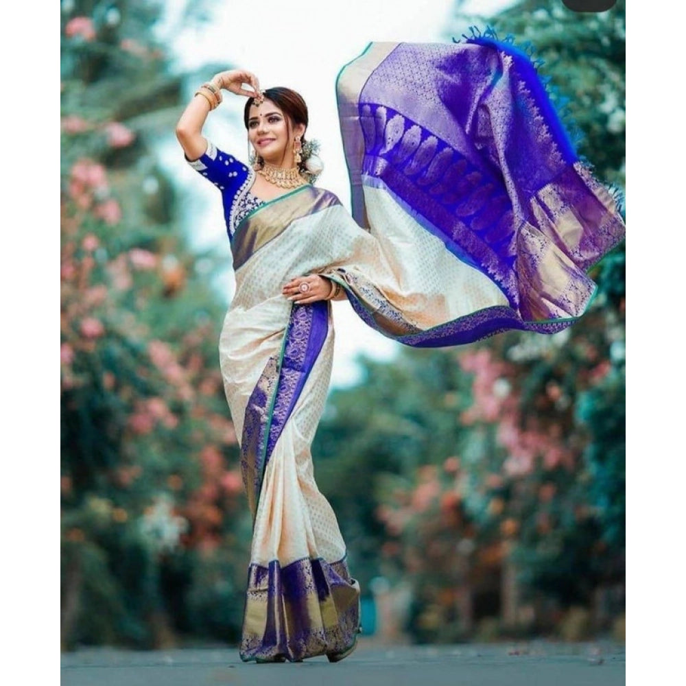 Generic Women's Litchi silk Printed Saree With Unstitched Blouse (Off White)