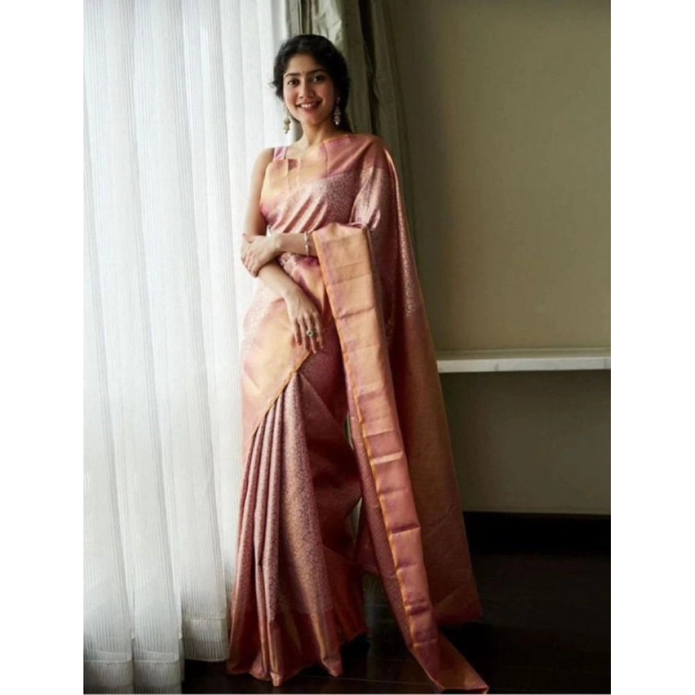 Generic Women's Litchi silk Printed Saree With Unstitched Blouse (Light Pink)