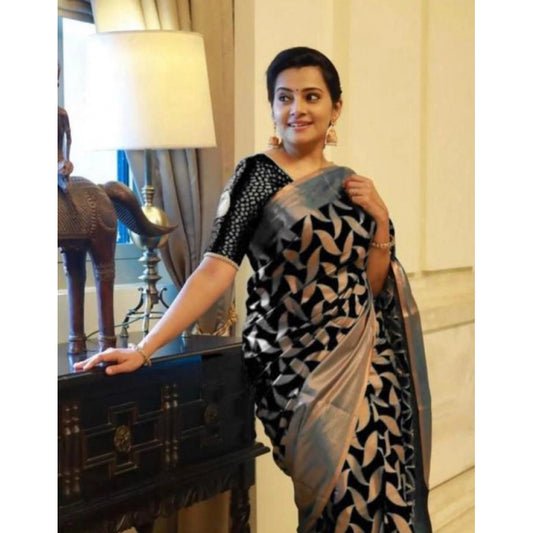 Generic Women's Litchi silk Printed Saree With Unstitched Blouse (Black)