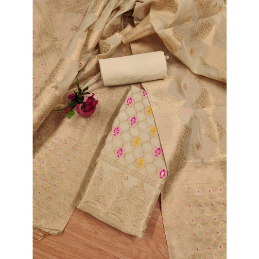 Generic Women's Banarasi Silk Printed Unstitched Salwar Suit Material With Dupatta (Cream, 3Mtrs)