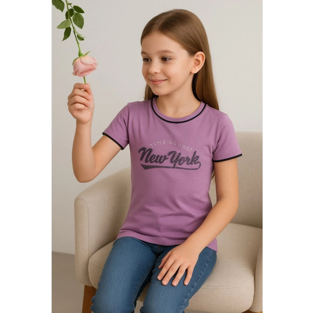 Generic Girl's Cotton Printeded Round Neck T-Shirt (Lavander)