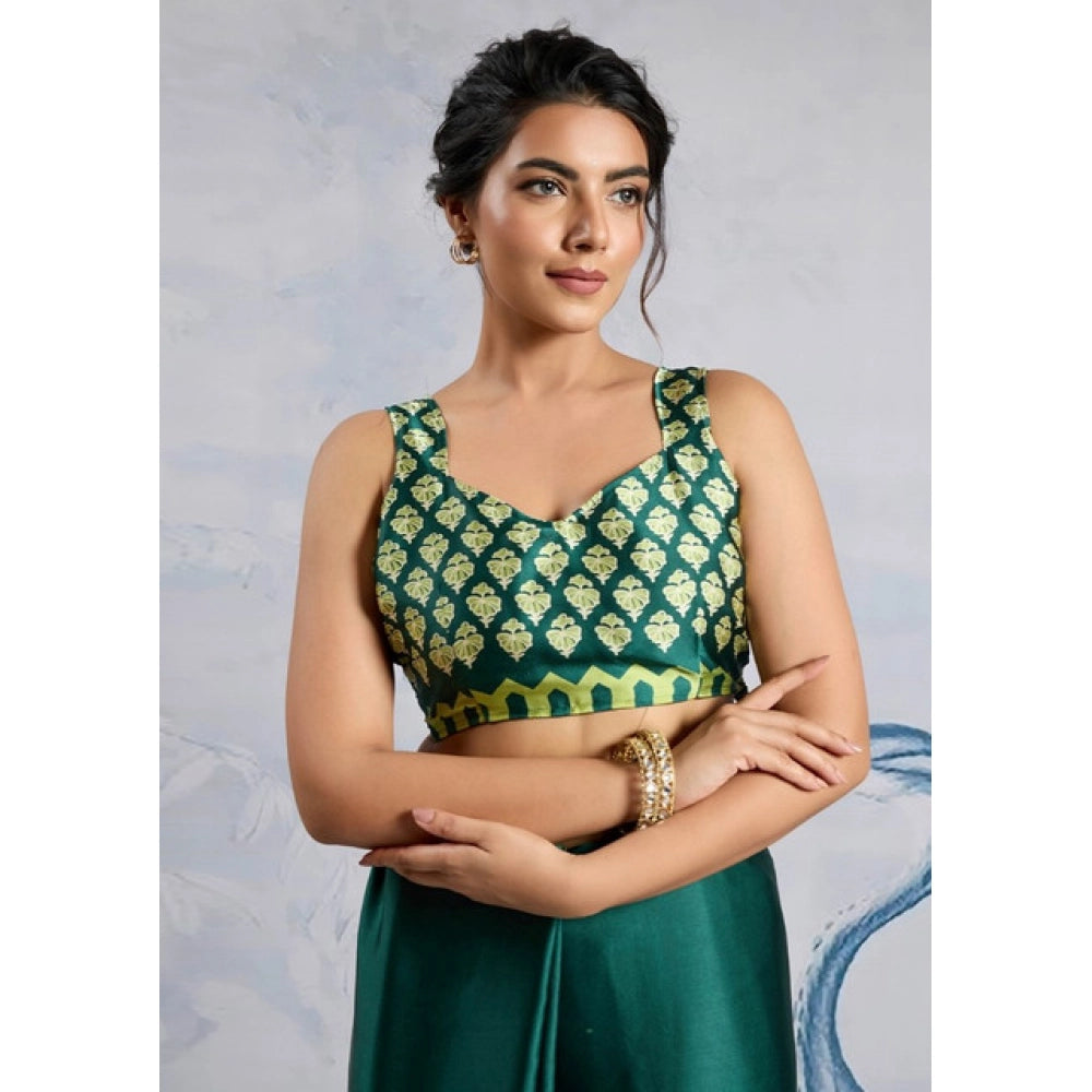 Generic Women's Satin Crepe Printed Saree With Unstitched Blouse 5.5Mtr (Green)