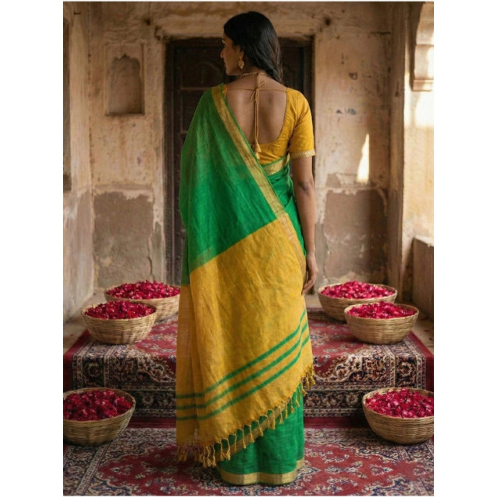 Generic Women's Cotton Printed Saree With Unstitched Blouse 5.5Mtr (Green)