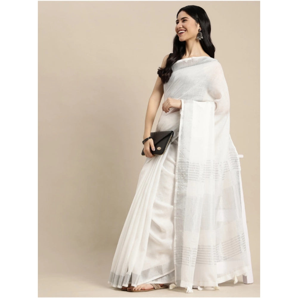 Generic Women's Linen Cotton Printed Saree With Unstitched Blouse 5.5Mtr (White)